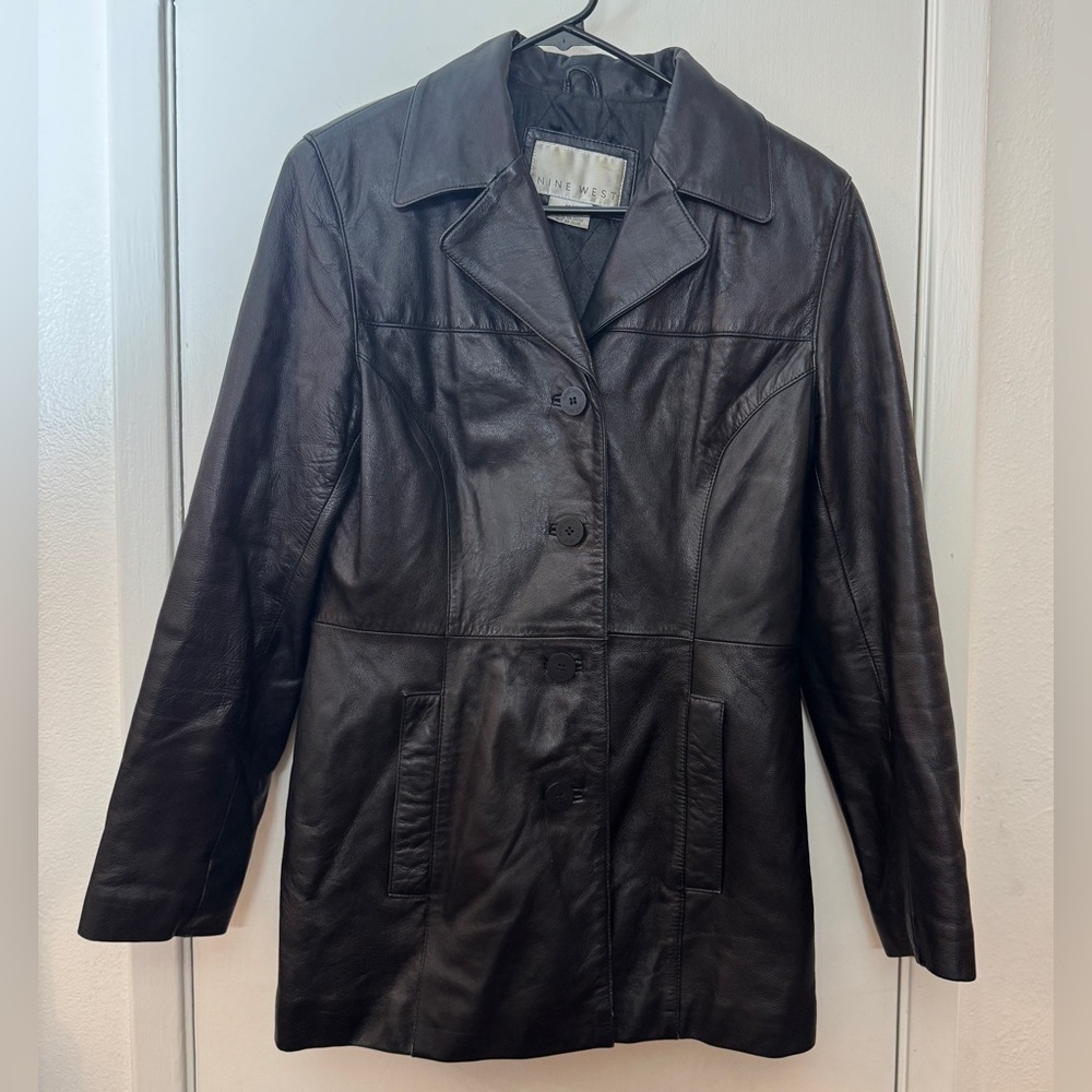 Vintage Nine West 100% Genuine Leather Black Button Front Collared Jacket Medium